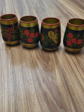 Khokhloma Hand-Painted Wooden Shot Cups in Black, Red & Gold - Set of 4